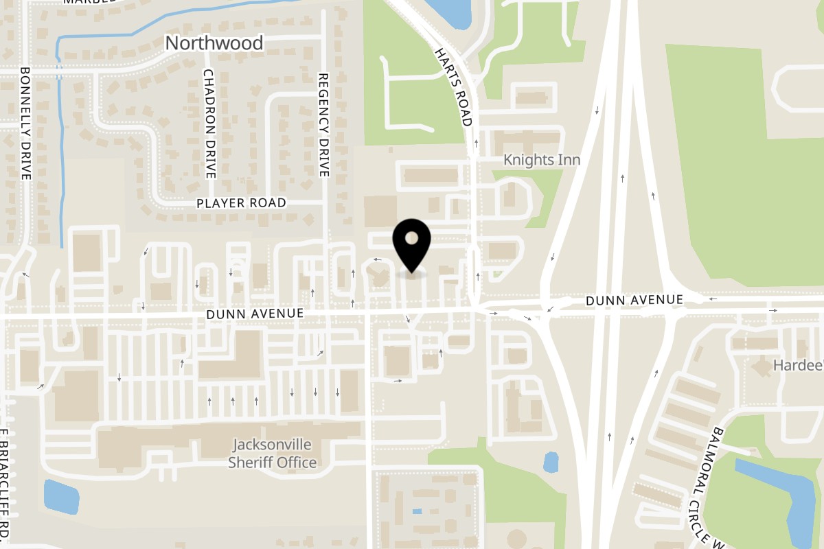 Map showing the location of Jax Fish Shrimp and Chicken Dunn Avenue on 847 Dunn Ave in Jacksonville